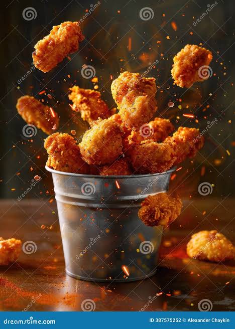 Crispy golden fried chicken pieces served in a metal bucket, with several pieces appearing to float around the bucket.